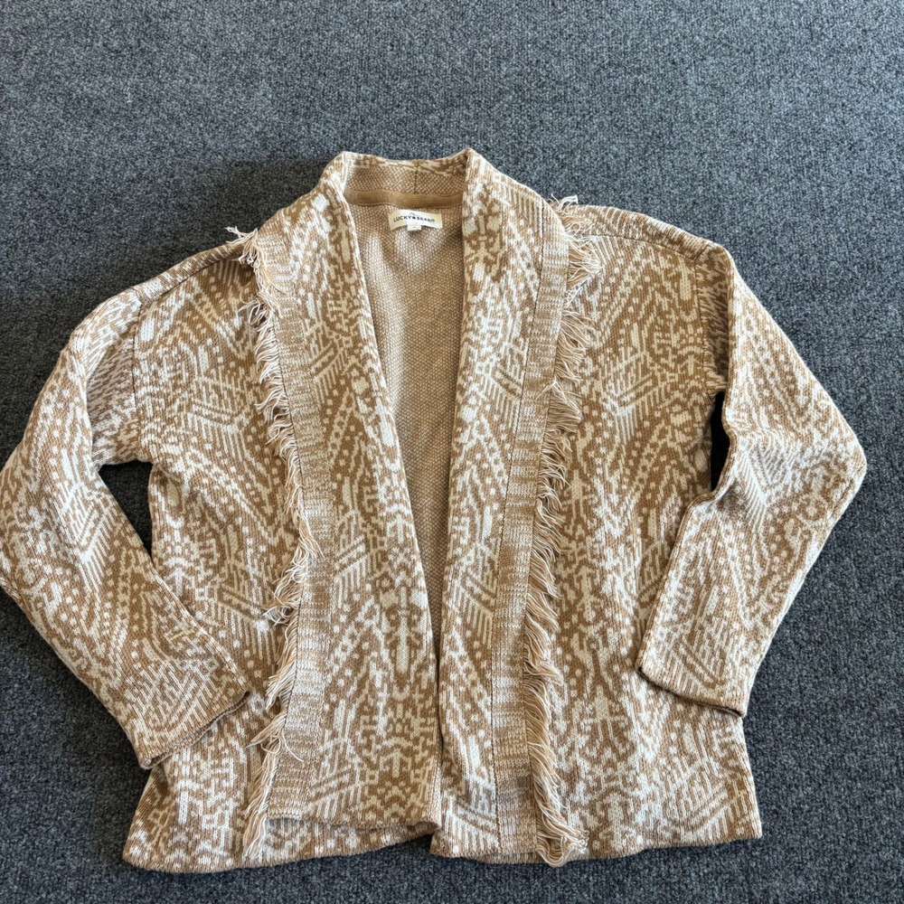 Lucky Brand Womens Medium Tan White Aztec Geometric Fringe Open Front Cardigan